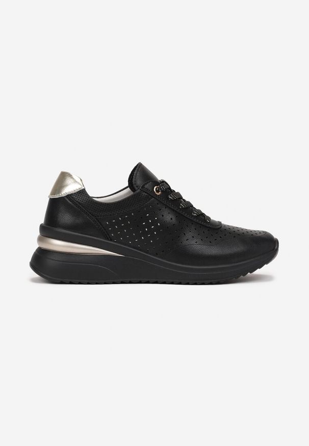 Born2be - Czarne Skórzane Sneakersy z Perforacją i Metalicznymi Wstawkami Rendia. Okazja: na co dzień, na spacer. Kolor: czarny. Materiał: skóra. Wzór: aplikacja. Obcas: na płaskiej podeszwie. Sport: turystyka piesza