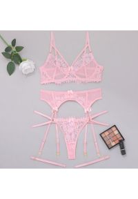 Intica - Koronkowy zestaw bielizny z pasem do pończoch na romantyczne okazje Elie. Kolor: różowy. Materiał: koronka. Wzór: koronka