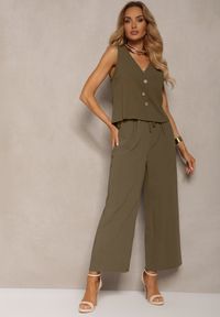 Renee - Ciemnozielony Komplet z Bawełny Bluzka z Guzikami Szerokie Spodnie z Gumką w Talii Floricella. Kolor: zielony. Materiał: bawełna. Wzór: aplikacja #1