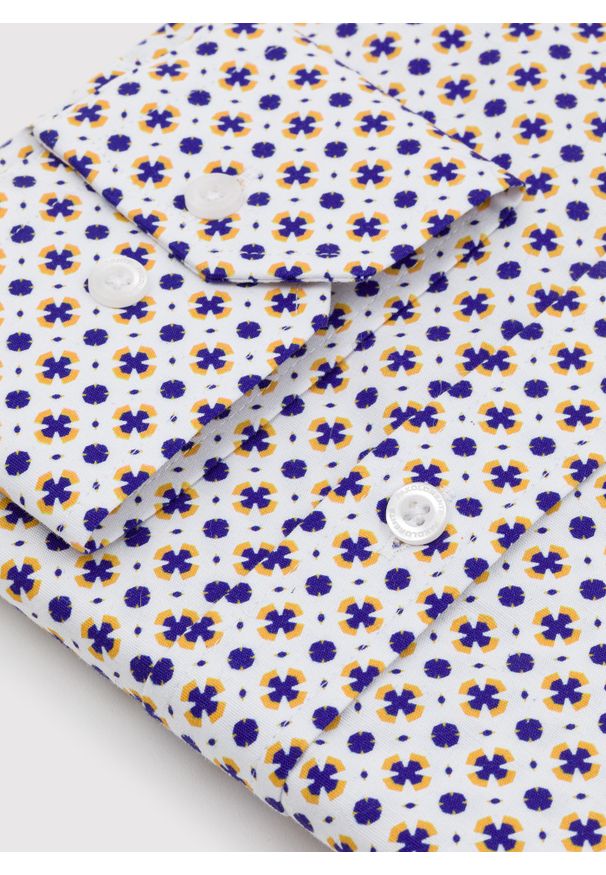 Pako Lorente - Biała koszula w niebiesko-żółty wzór P23WF-1X-018-B-S. Kolor: żółty, biały, niebieski, wielokolorowy. Materiał: bawełna, elastan