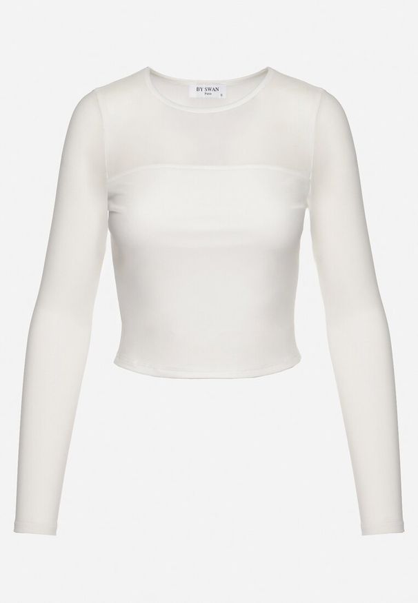 Born2be - Biała Bluzka o Krótkim Fasonie ze Wstawką z Siateczki Tilerima. Kolor: biały. Materiał: materiał. Długość: krótkie