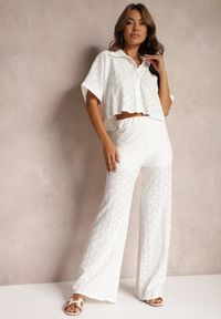 Renee - Biały Ażurowy Komplet Krótka Koszula Szerokie Spodnie z Gumką w Talii Rivatma. Kolor: biały. Materiał: materiał. Wzór: ażurowy #3