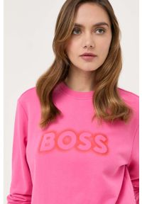 BOSS bluza bawełniana damska kolor różowy z nadrukiem. Kolor: różowy. Materiał: bawełna. Wzór: nadruk