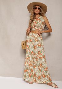 Renee - Pomarańczowo-Zielony Komplet Boho z Bawełny Krótki Top na Ramiączkach z Gumką Szerokie Spodnie Rasida. Kolor: pomarańczowy. Materiał: bawełna