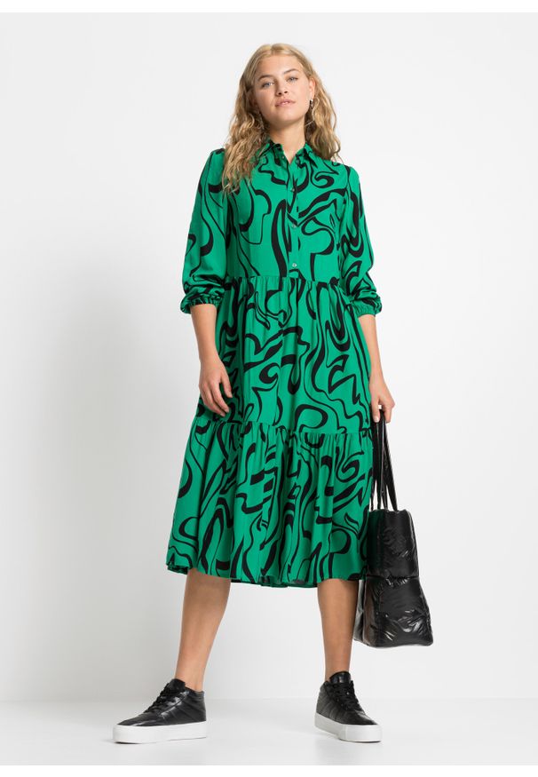 bonprix - Sukienka midi ze zrównoważonej wiskozy. Kolor: zielony. Materiał: wiskoza. Typ sukienki: koszulowe. Długość: midi