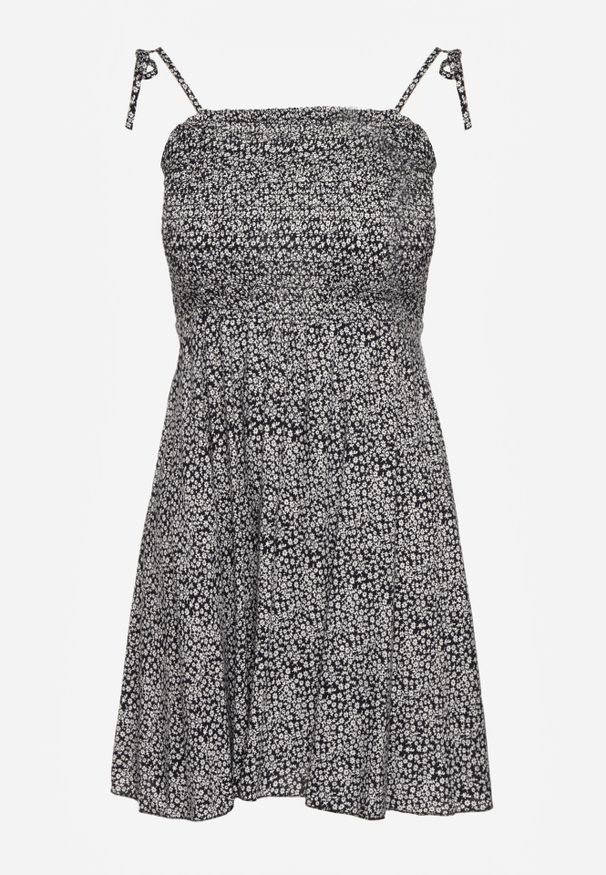 Renee - Granatowo-Biała Rozkloszowana Sukienka na Ramiączkach z Bawełny w Kwiaty z Wiązaniem na Plecach Nelsira. Typ kołnierza: dekolt kwadratowy. Kolor: niebieski. Materiał: bawełna. Długość rękawa: na ramiączkach. Wzór: kwiaty. Sezon: lato