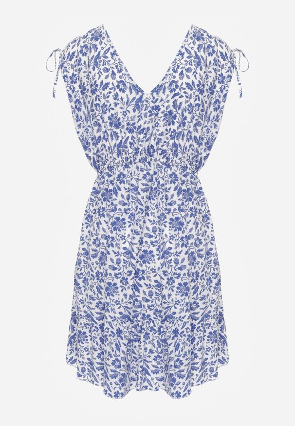 Renee - Niebiesko-Biała Sukienka Bawełniana na Grubych Ramiączkach z Gumką w Pasie Zapinana na Guziki Tessri. Okazja: na co dzień, na randkę. Kolor: niebieski. Materiał: bawełna. Długość rękawa: na ramiączkach. Wzór: kwiaty. Sezon: lato. Typ sukienki: proste. Styl: casual, elegancki, wakacyjny