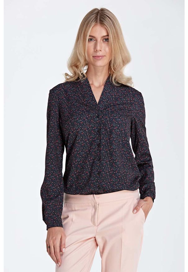 Nife - Czarna Elegancka Koszulowa Bluzka z Dekoltem w Szpic w Łączkę. Kolor: czarny. Materiał: poliester, elastan. Styl: elegancki