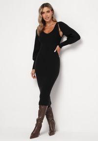 Born2be - Czarna Dzianinowa Sukienka Midi z Trójkątnym Dekoltem i Bolerkiem z Bufiastymi Rękawami Vorteia. Kolor: czarny. Materiał: dzianina. Długość rękawa: na ramiączkach. Długość: midi #1