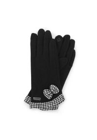 Wittchen - Damskie rękawiczki z kokardą w pepitkę czarne. Kolor: czarny. Materiał: wełna. Wzór: gładki, haft. Styl: klasyczny, elegancki