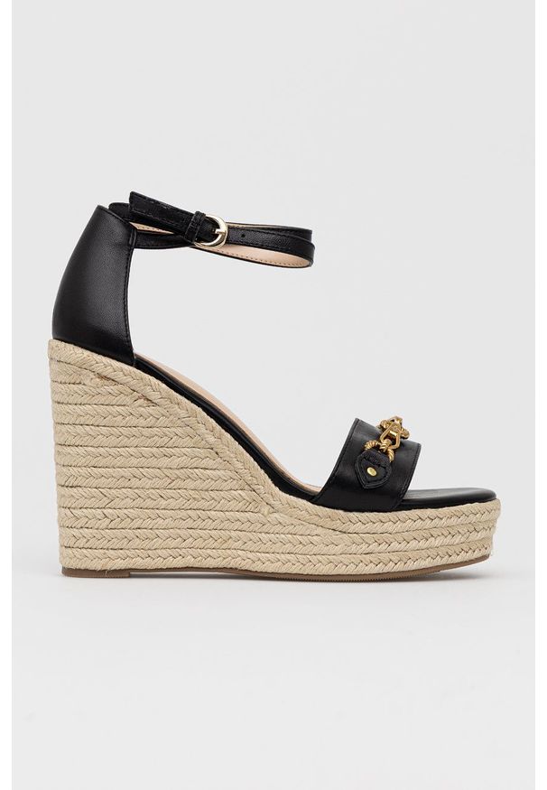 Guess sandały skórzane WENDY damskie kolor czarny na koturnie. Zapięcie: klamry. Kolor: czarny. Materiał: skóra. Obcas: na koturnie