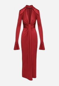 Born2be - Bordowa Koktajlowa Sukienka z Usztywnioną Linią Ramion i Rozkloszowanymi Rękawami Semirienne. Kolor: czerwony. Wzór: aplikacja. Styl: wizytowy #4