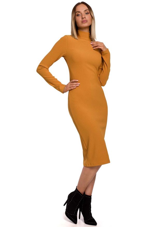 MOE - Ołówkowa Sukienka z Półgolfem - Musztardowa. Kolor: żółty. Materiał: poliester, elastan. Typ sukienki: ołówkowe