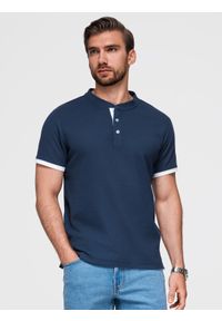 Ombre Clothing - Koszulka męska polo bez kołnierzyka - granatowa V4 - Rozmiar: XL. Typ kołnierza: bez kołnierzyka, polo. Kolor: niebieski. Materiał: bawełna. Długość: długie