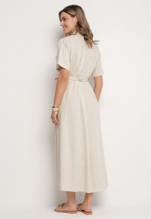 Born2be - Beżowa Sukienka Koszulowa z Materiałowym Paskiem z Lnu i Wiskozy Werilene. Okazja: na co dzień. Typ kołnierza: kołnierzyk klasyczny. Kolor: beżowy. Materiał: wiskoza, materiał, len. Sezon: lato. Typ sukienki: koszulowe. Styl: casual, klasyczny