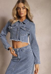 Renee - Granatowa Jeansowa Krótka Kurtka z Kieszonkami i Przetarciami Nipiria. Kolor: niebieski. Materiał: jeans. Długość: krótkie. Styl: klasyczny #3