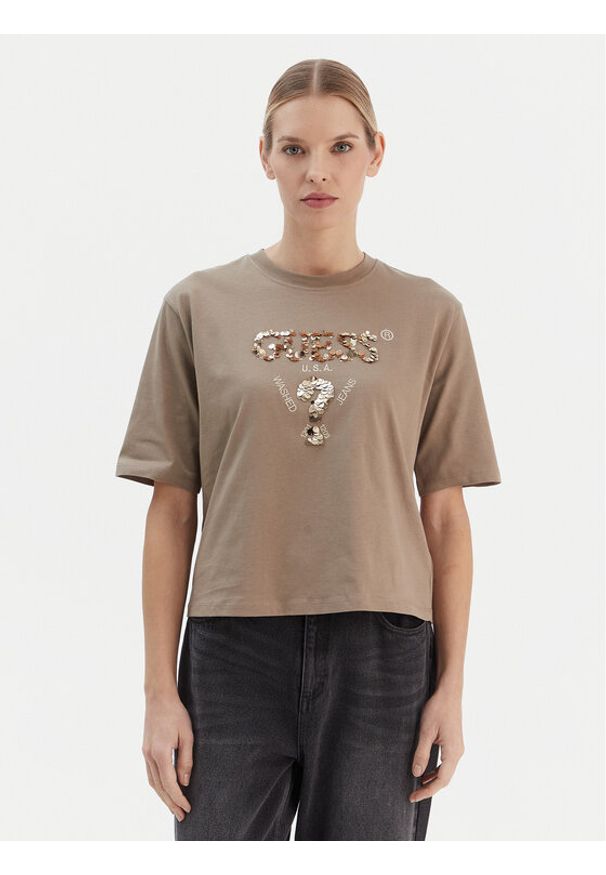 Guess T-Shirt V4YI06 I3Z14 Beżowy Regular Fit. Kolor: beżowy. Materiał: bawełna