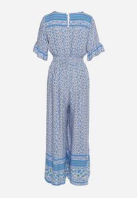 Born2be - Niebieski Bawełniany Kombinezon z Gumkami w Pasie i Kopertowym Dekoltem Zapinany z Tyłu na Guziki Lorrania. Okazja: na co dzień. Kolor: niebieski. Materiał: bawełna. Długość rękawa: krótki rękaw. Długość: krótkie. Styl: elegancki, casual, wizytowy #4