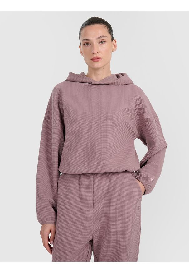 4f - 4F Bluza dresowa z waflowej dzianiny damska - brązowa XS. Okazja: na co dzień. Kolor: brązowy. Materiał: dresówka, dzianina. Styl: sportowy, casual