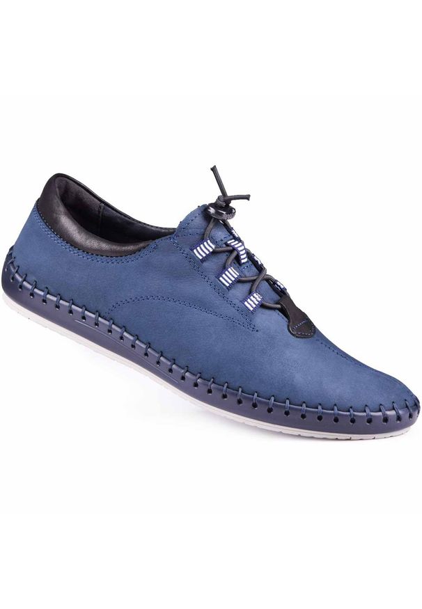 Kampol Buty męskie casual 337/53 granatowe niebieskie. Okazja: na co dzień. Zapięcie: sznurówki. Kolor: niebieski. Materiał: jeans, skóra. Wzór: gładki. Styl: casual