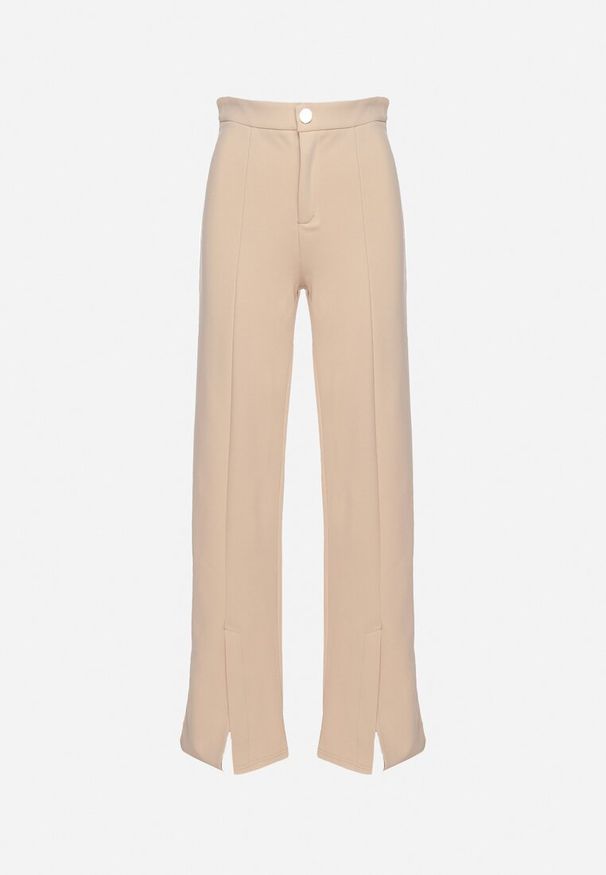 Born2be - Beżowe Szerokie Spodnie z Wysokim Stanem i Wiskozą Ozdobione na Dole Rozcięciami Xolea. Okazja: na co dzień. Stan: podwyższony. Kolor: beżowy. Materiał: wiskoza. Długość: długie. Wzór: aplikacja. Styl: klasyczny, casual, elegancki