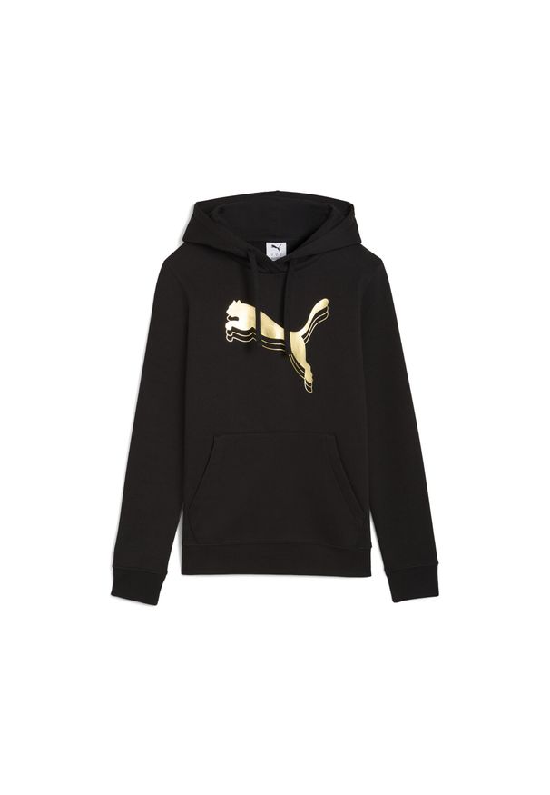 Puma - Damska bluza z kapturem ESS METALLIC PUMA. Typ kołnierza: kaptur. Kolor: czarny. Materiał: prążkowany. Wzór: nadruk. Sport: bieganie