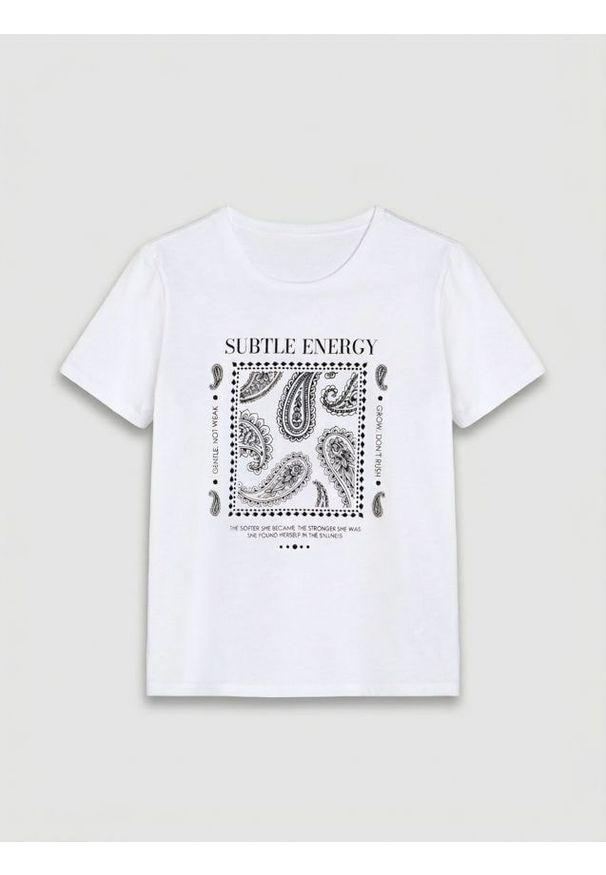 Sinsay - Bawełniana koszulka z nadrukiem - kremowy. Kolor: kremowy. Materiał: bawełna. Wzór: nadruk