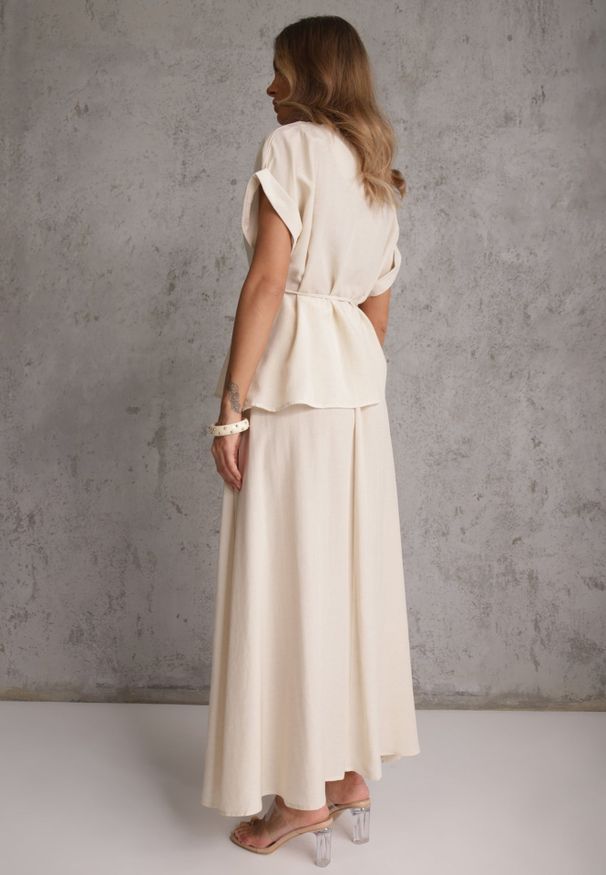 Renee - Beżowy Rustykalny Komplet z Lnem i Wiskozą Spódnica i Bluzka-Nietoperz Lilinney. Kolor: beżowy. Materiał: wiskoza, len