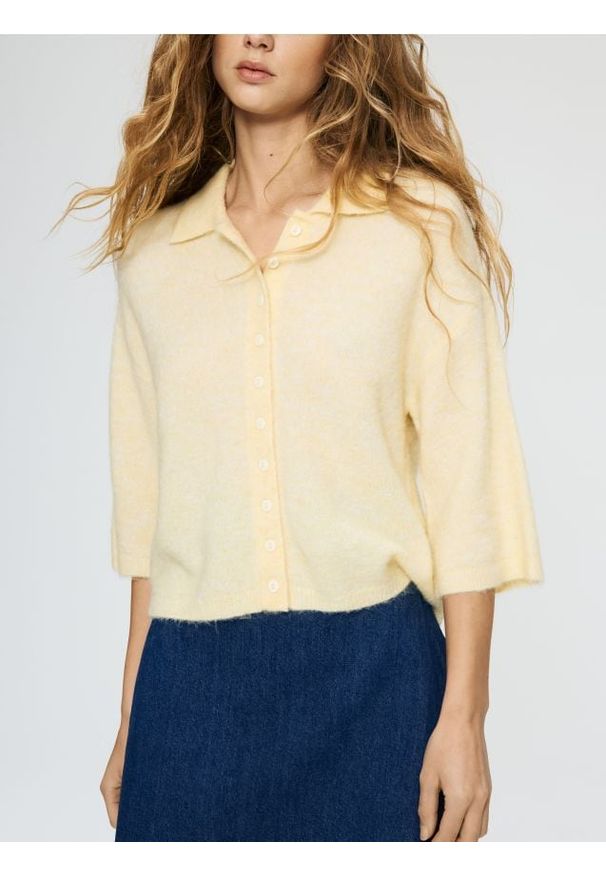 Reserved - Kardigan z dodatkiem wełny z alpaki - jasnożółty. Kolor: żółty. Materiał: wełna