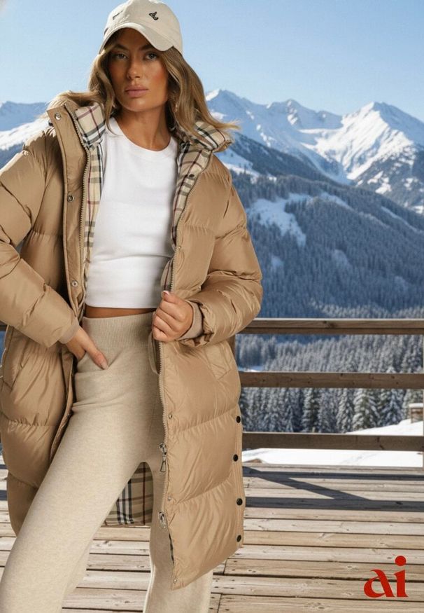 Renee - Ciemnobeżowa Kurtka z Pikowanymi Przeszyciami o Długim Fasonie z Kapturem Gineffa. Okazja: na co dzień. Typ kołnierza: kaptur. Kolor: beżowy. Materiał: poliester, jeans. Długość: długie. Styl: casual