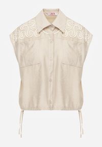 Renee - Beżowa Boho Koszula z Wiskozy Bez Rękawów ze Ściągaczem w Talii Assabel. Okazja: na co dzień. Kolor: beżowy. Materiał: wiskoza. Długość rękawa: bez rękawów. Wzór: gładki. Sezon: lato. Styl: boho #5