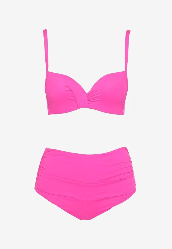 Born2be - Różowe Bikini Biustonosz na Cienkich Regulowanych Ramiączkach Majtki z Wysokim Stanem i Marszczeniem Ninamarie. Stan: podwyższony. Kolor: różowy. Wzór: aplikacja