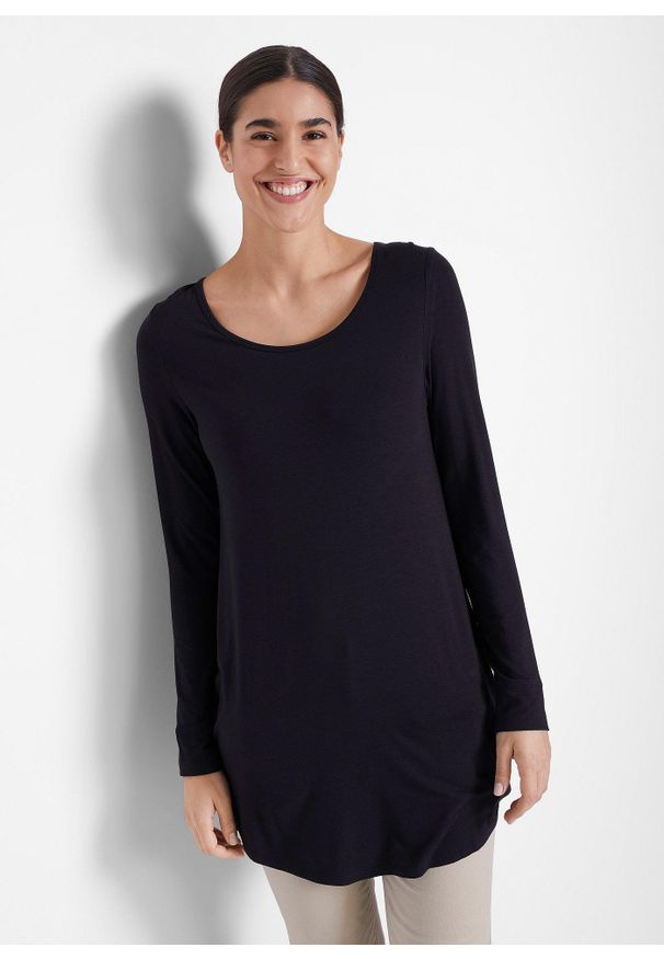 bonprix - Długi shirt z wiskozy, długi rękaw. Kolor: czarny. Materiał: wiskoza. Długość rękawa: długi rękaw. Długość: długie