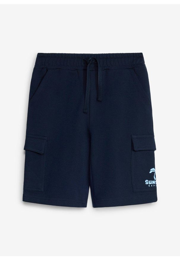 bonprix - Bermudy dresowe cargo z czystej bawełny organicznej. Kolor: niebieski. Materiał: dresówka, bawełna