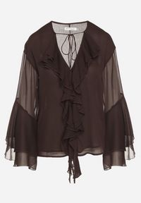 Born2be - Brązowa Bluzka w Rustykalnym Stylu z Wiązaniem i Falbankami Nenarea. Okazja: na co dzień, do pracy, na spotkanie biznesowe. Typ kołnierza: kołnierz z falbankami. Kolor: brązowy. Materiał: jeans. Styl: biznesowy, klasyczny, casual, elegancki #3