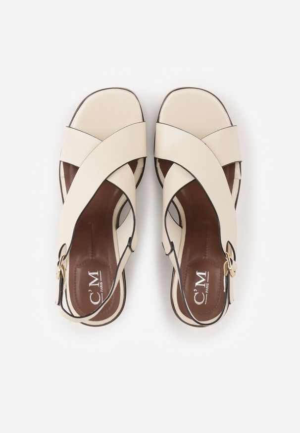 Renee - Beżowe Sandały na Platformie i Koturnie z Geometryczną Cholewką Adrasithise. Zapięcie: sprzączka. Kolor: beżowy. Wzór: geometria. Obcas: na koturnie