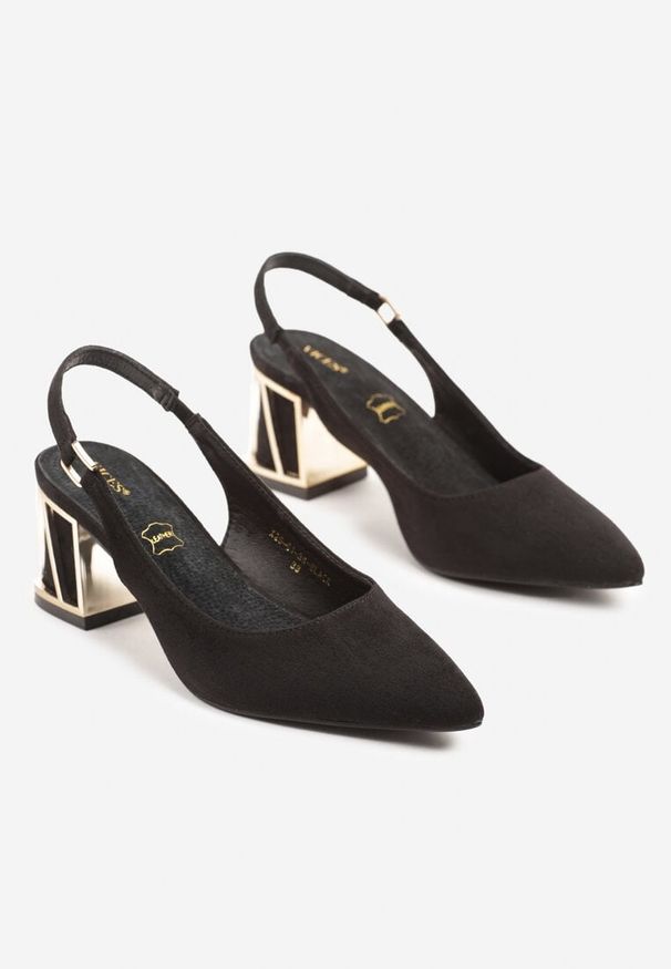 Born2be - Czarne Sandały Vices na Obcasie ze Skórzaną Wkładką i Metalicznym Wzorem Sesenora. Okazja: na co dzień. Zapięcie: sprzączka. Kolor: czarny. Materiał: skóra. Obcas: na obcasie. Styl: casual. Wysokość obcasa: średni