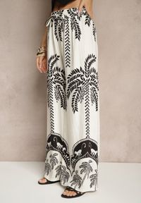 Renee - Białe Spodnie z Wiskozy o Szerokim Kroju High Waist z Palmami Varritia. Okazja: na co dzień. Stan: podwyższony. Kolor: biały. Materiał: wiskoza. Sezon: lato. Styl: elegancki, casual