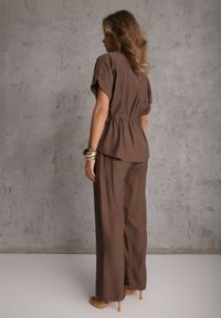 Renee - Ciemnobeżowy Komplet z Wiskozy Spodnie Wide Leg i Bluzka ze Ściągaczem w Talii Daemnell. Kolor: beżowy. Materiał: wiskoza #3