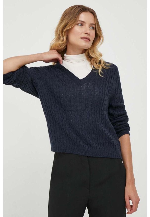 TOMMY HILFIGER - Tommy Hilfiger sweter wełniany damski kolor granatowy lekki. Kolor: niebieski. Materiał: wełna. Długość rękawa: długi rękaw. Długość: długie. Wzór: ze splotem