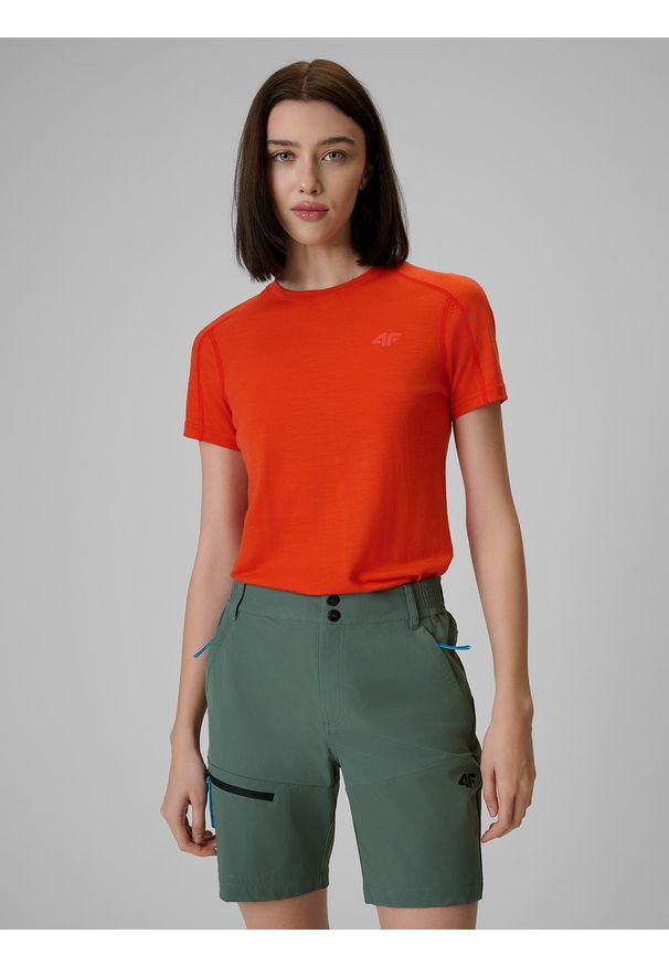 4f - 4F Koszulka trekkingowa z wełną merino damska - pomarańczowa S. Kolor: pomarańczowy. Materiał: wełna. Długość rękawa: raglanowy rękaw. Długość: długie. Sezon: lato