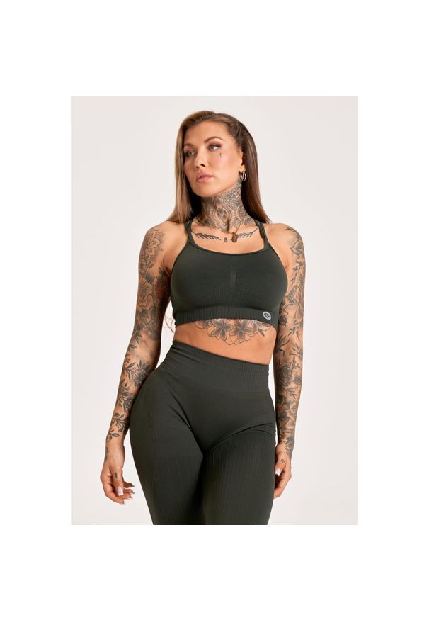 GYM GLAMOUR - Stanik fitness cardio damski Gym Glamour push up 2.0. Kolor: zielony, wielokolorowy, brązowy. Rodzaj stanika: push-up. Sport: fitness