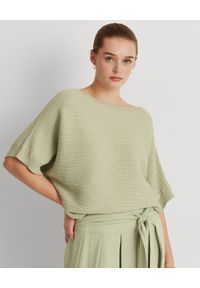 Lauren Ralph Lauren - LAUREN BY RALPH LAUREN - Zielona bluzka oversize. Kolor: zielony. Materiał: dzianina, bawełna, prążkowany. Wzór: ze splotem