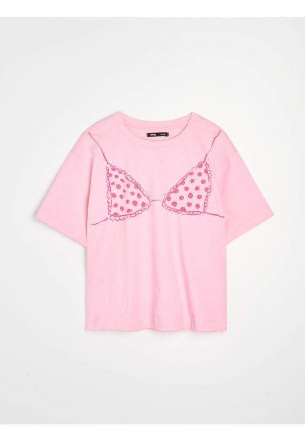 Sinsay - Bawełniana koszulka z krótkim rękawem i nadrukiem - begonia. Materiał: bawełna. Długość rękawa: krótki rękaw. Długość: krótkie. Wzór: nadruk