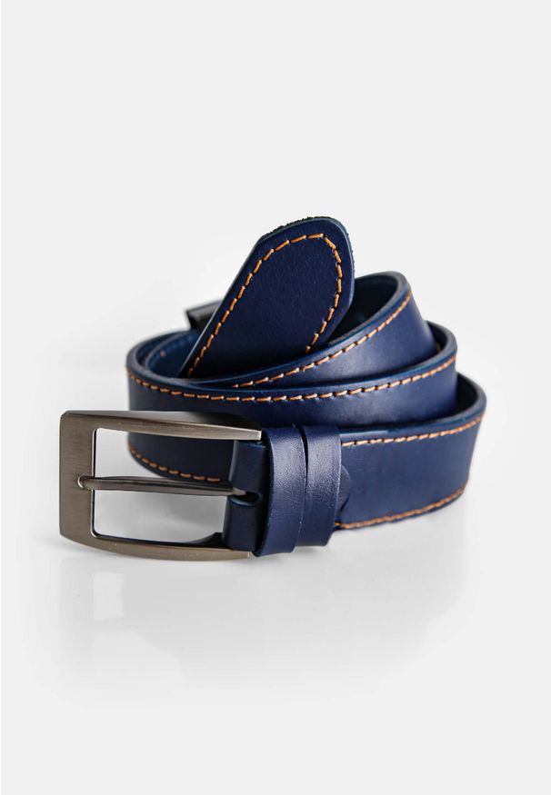 Volcano - Granatowy pasek z ochrową nicią REGO 2. Kolor: niebieski. Materiał: materiał, skóra, jeans. Wzór: aplikacja, gładki. Styl: casual, elegancki