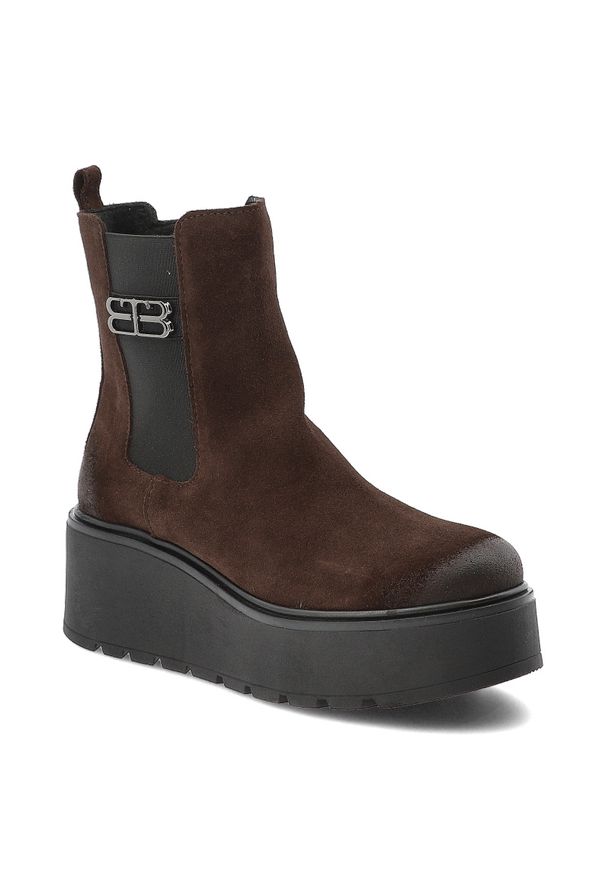 Brązowe Botki Armodo Stylowe Obuwie Damskie. Kolor: brązowy. Materiał: zamsz, jeans. Wzór: aplikacja. Obcas: na platformie. Styl: elegancki