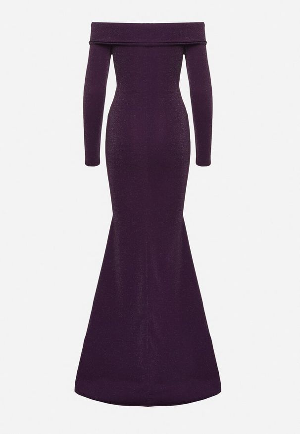 Born2be - Ciemnofioletowa Dopasowana Sukienka Hiszpanka z Rozcięciem i Rozszerzanym Dołem Emilenne. Typ kołnierza: dekolt hiszpanka. Kolor: fioletowy. Długość rękawa: długi rękaw. Typ sukienki: z odkrytymi ramionami. Styl: wizytowy