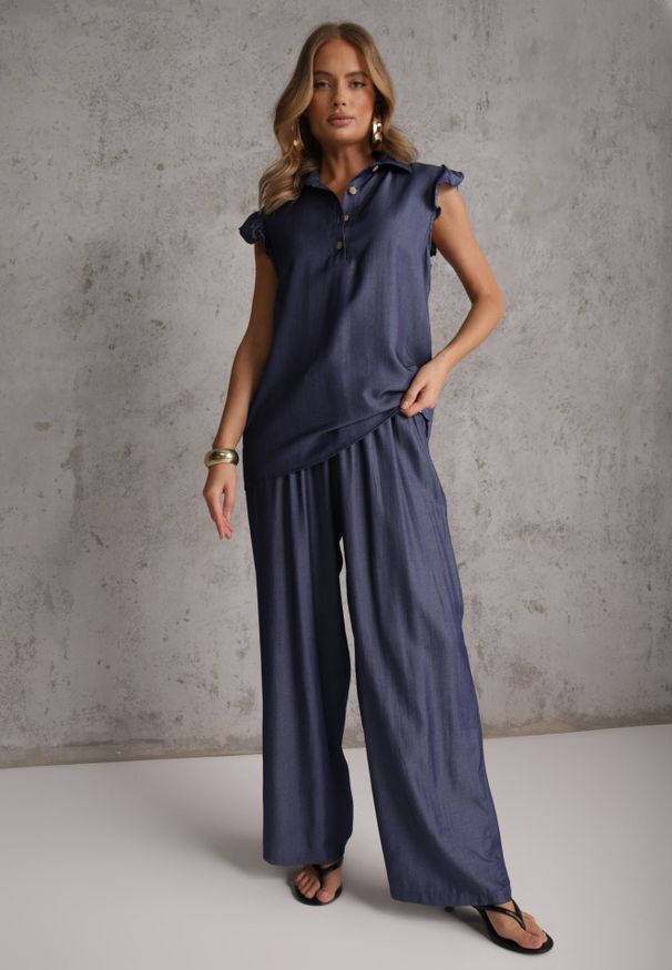 Renee - Granatowy Komplet z Wiskozą Bluzka z Kołnierzem i Spodnie Wide Leg Naunne. Kolekcja: plus size. Kolor: niebieski. Materiał: wiskoza. Wzór: gładki