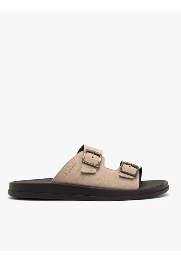 Ryłko - Beżowe klapki męskie. Zapięcie: klamry. Kolor: beżowy. Materiał: skóra, welur. Styl: street, klasyczny