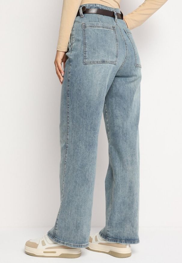 Born2be - Jasnoniebieskie Jeansy z Bawełną o Szerokim Kroju z Wysokim Stanem i Paskiem Teriseteli. Stan: podwyższony. Kolor: niebieski. Styl: elegancki